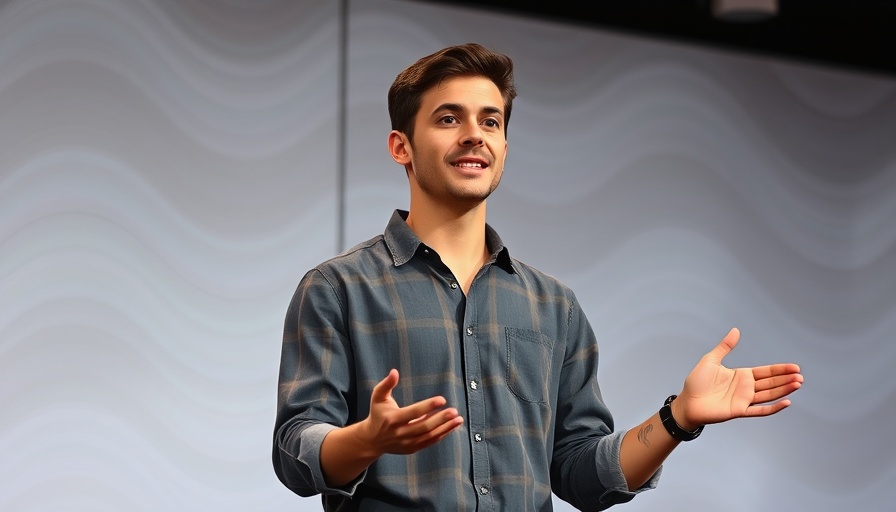Young man presenting on stage in front of an abstract background.