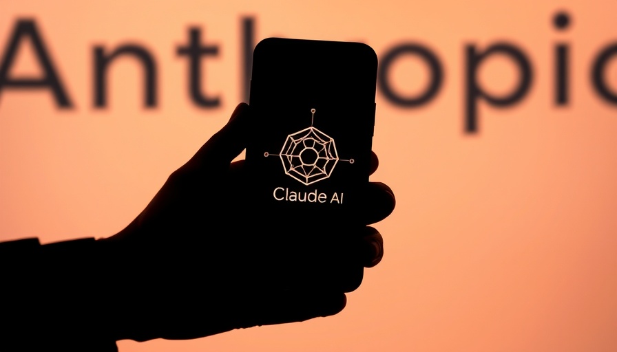 Silhouetted hand holds phone displaying Claude AI logo with network graphics.