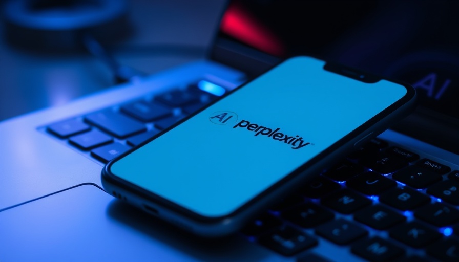 Perplexity AI logo displayed on smartphone over keyboard with blue light.
