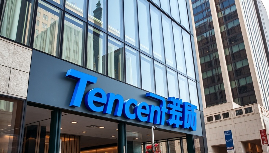 Tencent headquarters with logo, AI news focus.