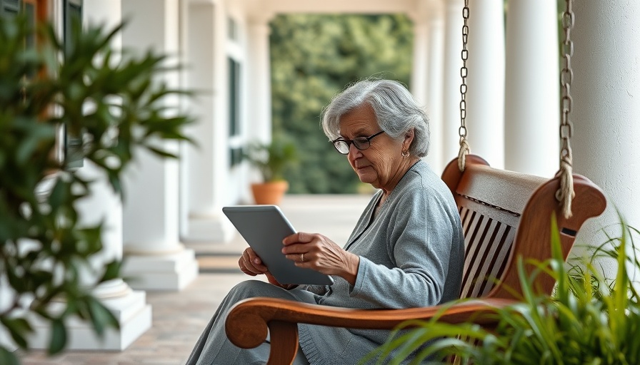 Older woman reading tablet on porch swing, lush garden background.