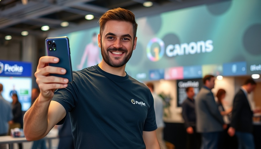 Man presenting smartphone at branded event, Perplexity AI context
