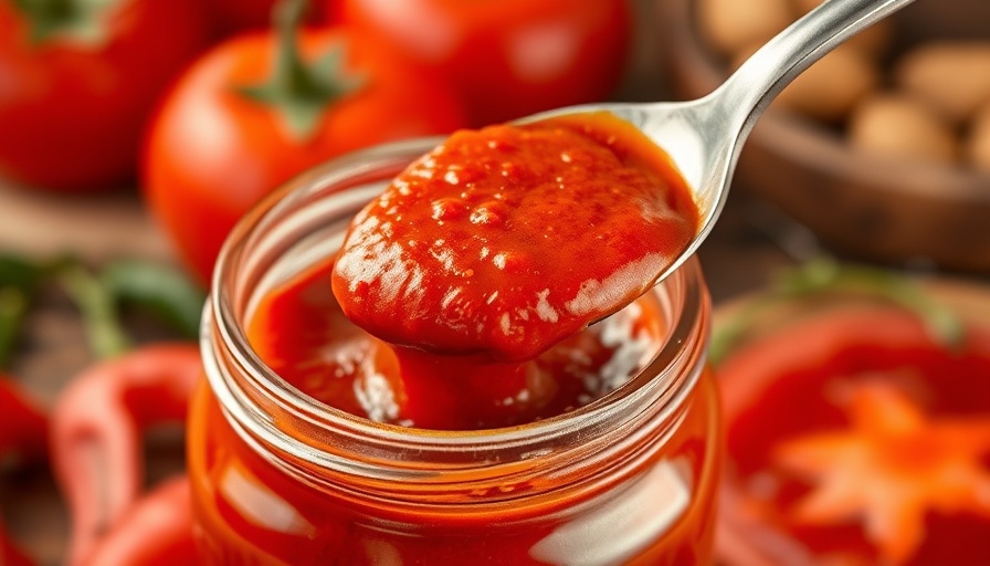 Rich homemade enchilada sauce being scooped from a jar.
