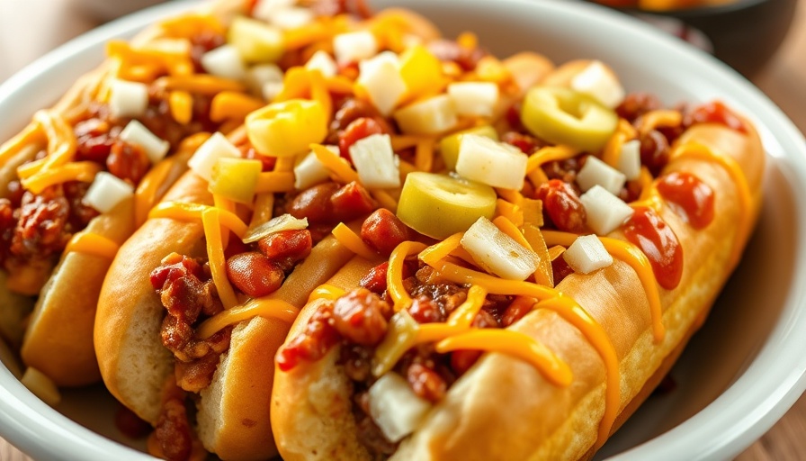 Appetizing chili cheese dogs topped with cheddar, onions, and pickles.