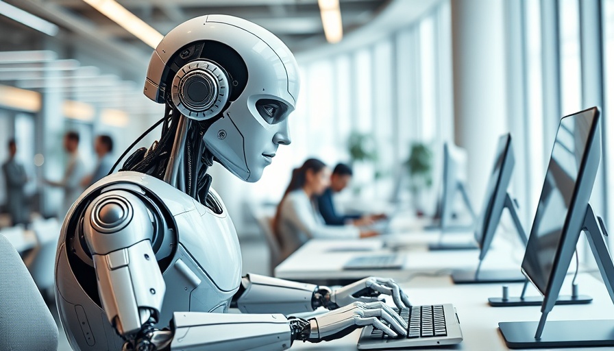Agentic AI robot working in a busy modern office.