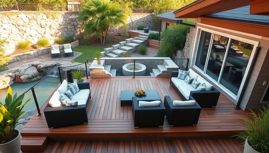 Elegant wooden deck with furniture and natural stone wall for deck party upgrades.