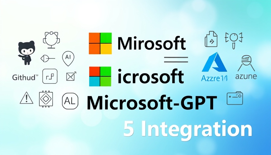 Microsoft AI integration graphic with logos and text on gradient background