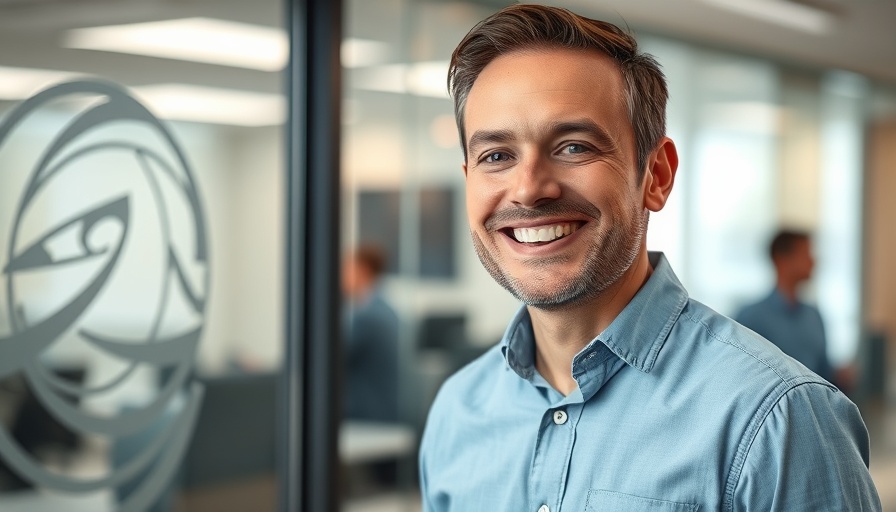 Friendly man in office smiling near glass partition, perplexity ai