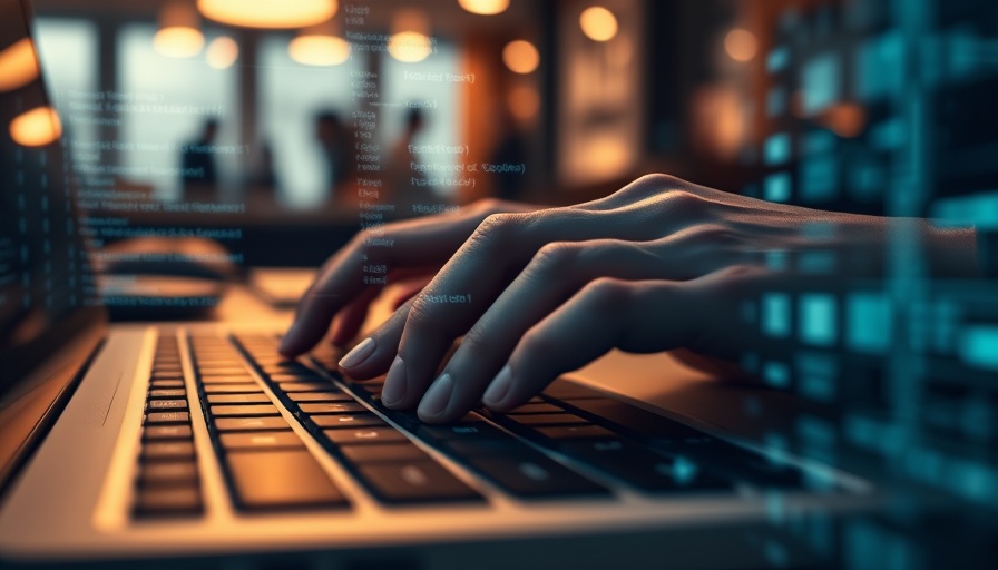 Claude AI hands typing on keyboard with code overlay.