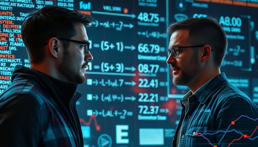 Two men using an AI tutoring platform with holographic data.