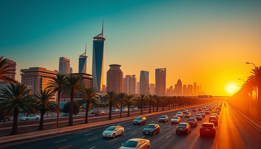Riyadh skyline at sunset with busy highway and iconic buildings, showcasing Saudi Arabia AI readiness.