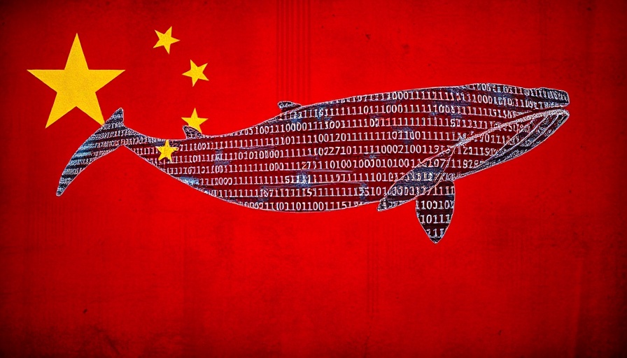 Digital whale silhouette with code on Chinese flag, open AI technology theme.