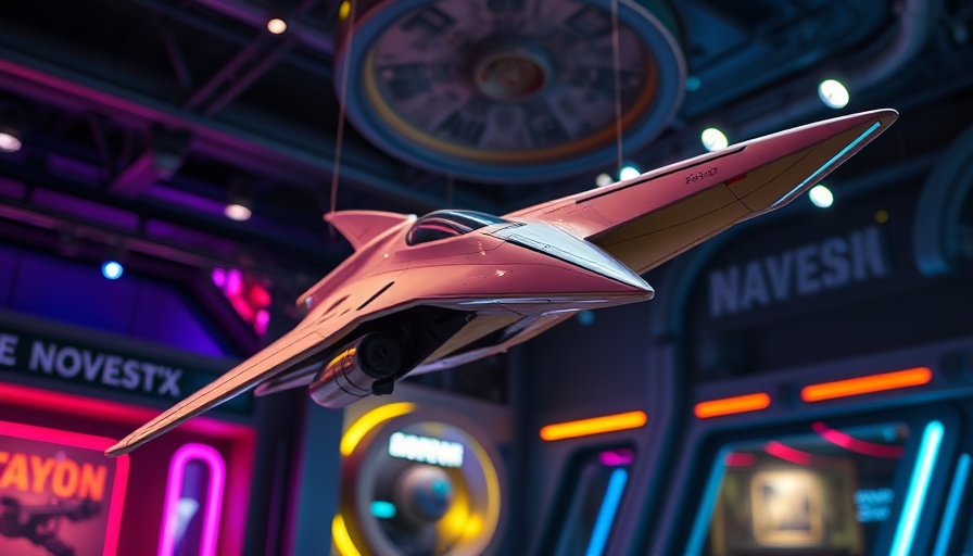 Futuristic spacecraft model in sci-fi museum with vibrant neon lights.