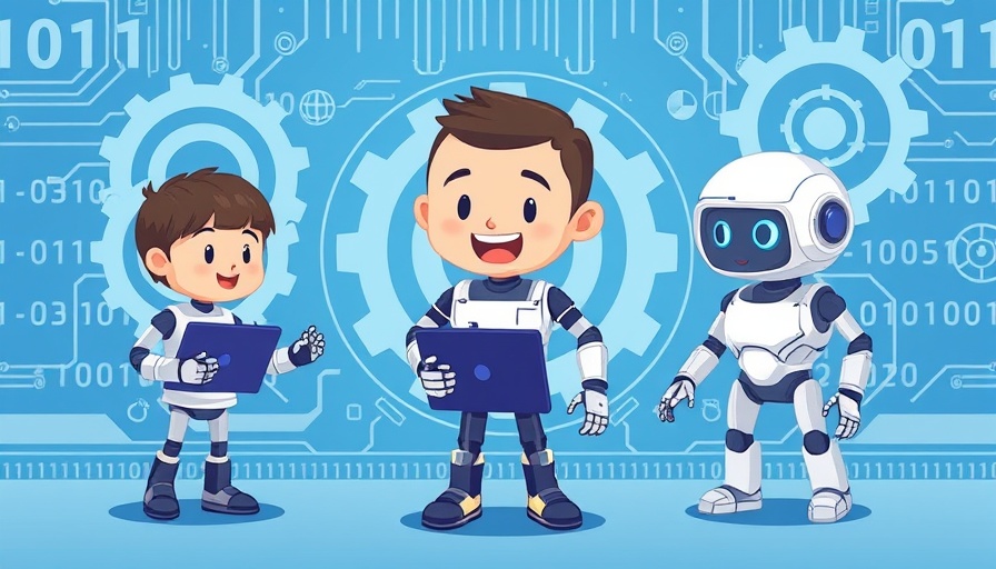Stylized AI interaction cartoon with humans and robots, Anthropic AI tokens.