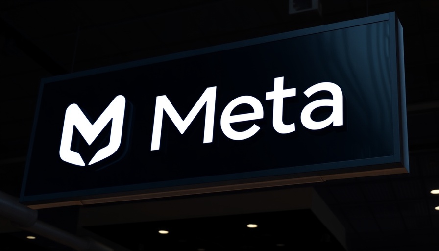 Meta logo on a large sign highlighting corporate identity amidst dark backdrop.