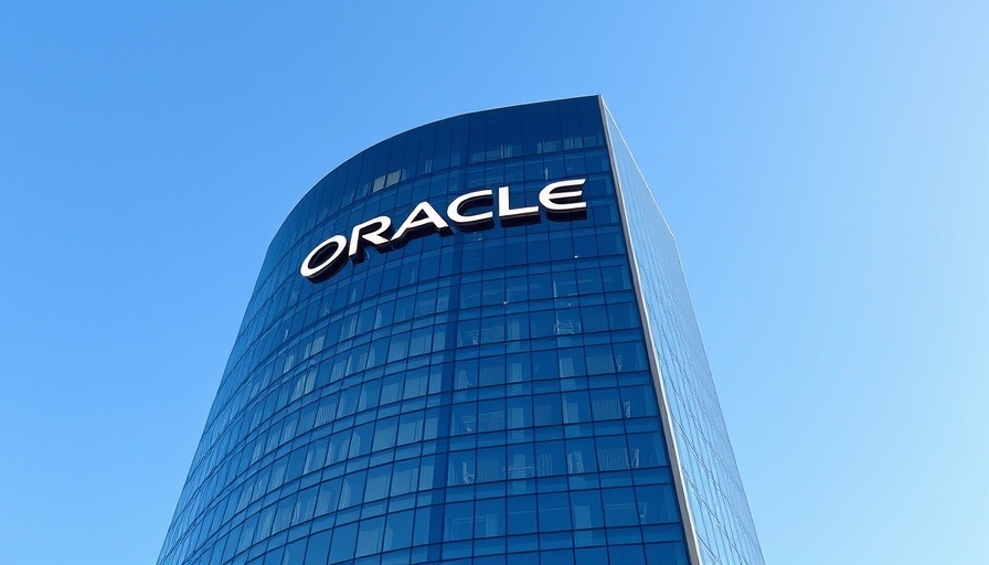 Oracle logo on modern glass building, AI news related image.