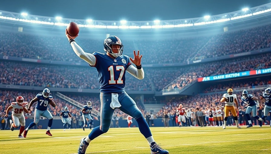 NFL action scene with quarterback throwing football, vibrant stadium