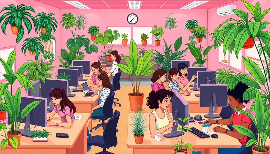 Office scene with employees and plants, illustrating a lively workplace.