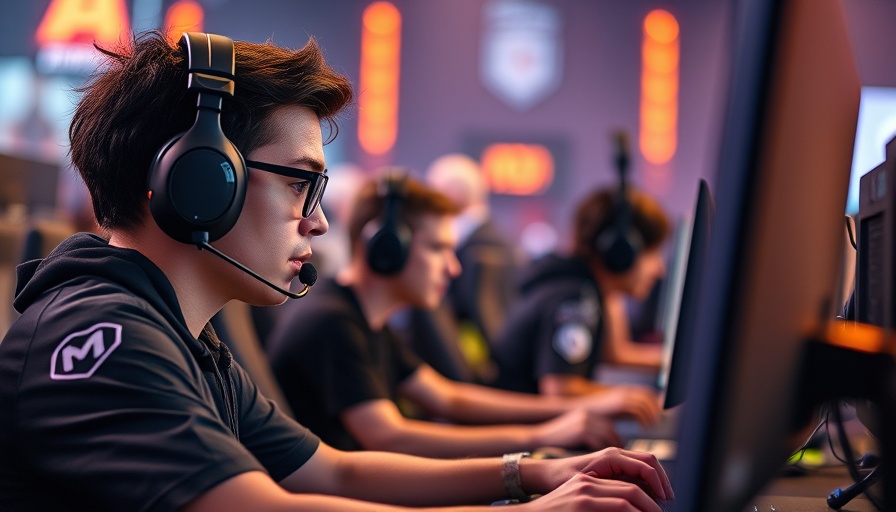 Gamers in esports event wearing headsets in a warm-lit room.