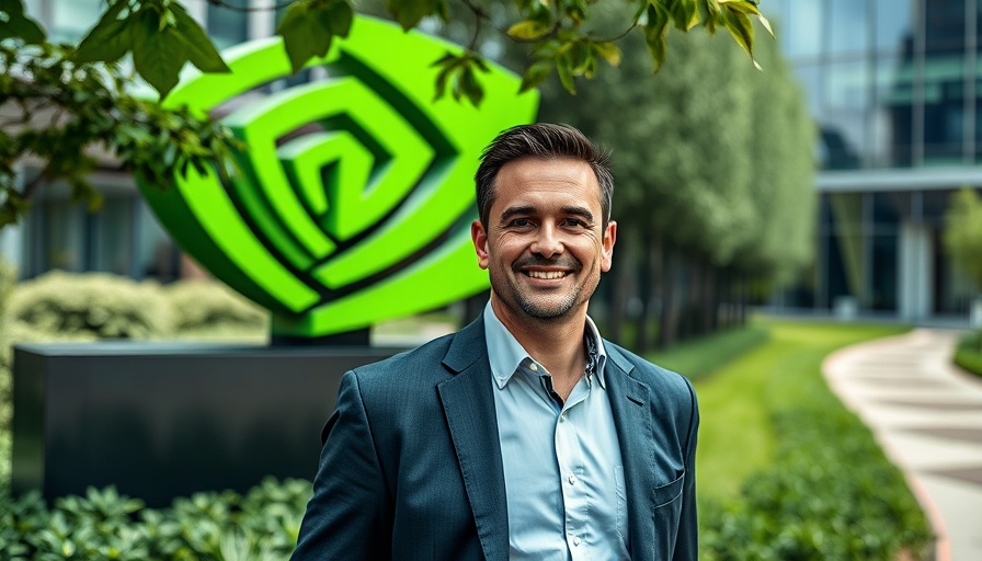 Man in front of Nvidia logo discussing Nvidia earnings impact on AI.