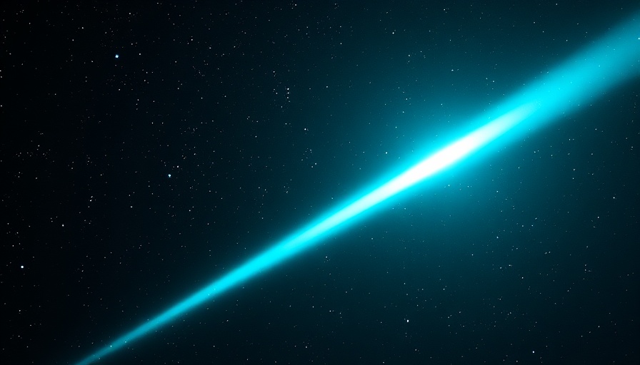 Bright turquoise comet streaking across a starry sky in cinematic photo.