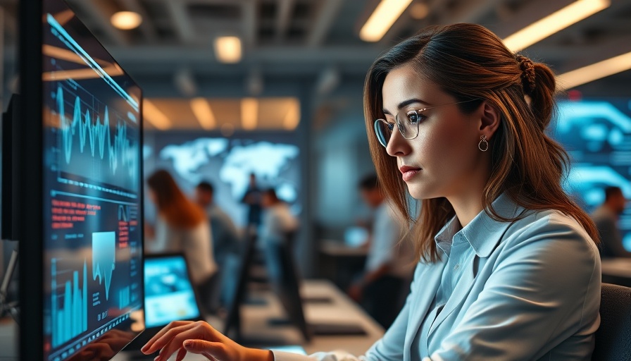 Woman analyzing data in modern office with digital displays, showcasing enterprise AI success.