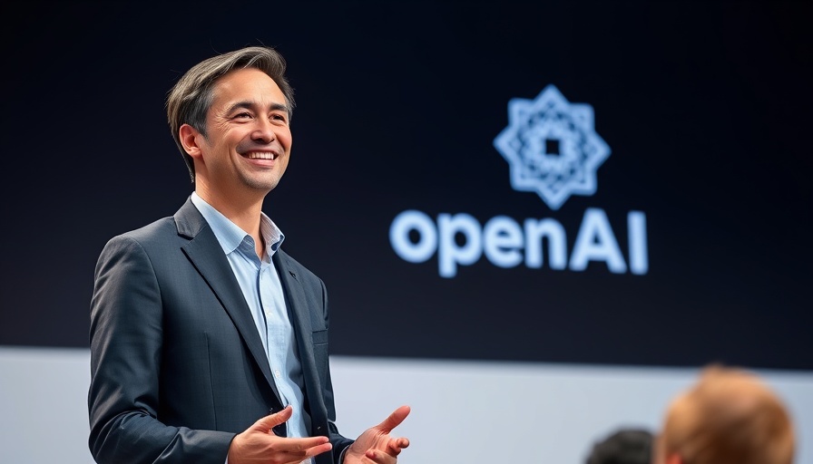 Open AI news speaker discussing at conference with branding.