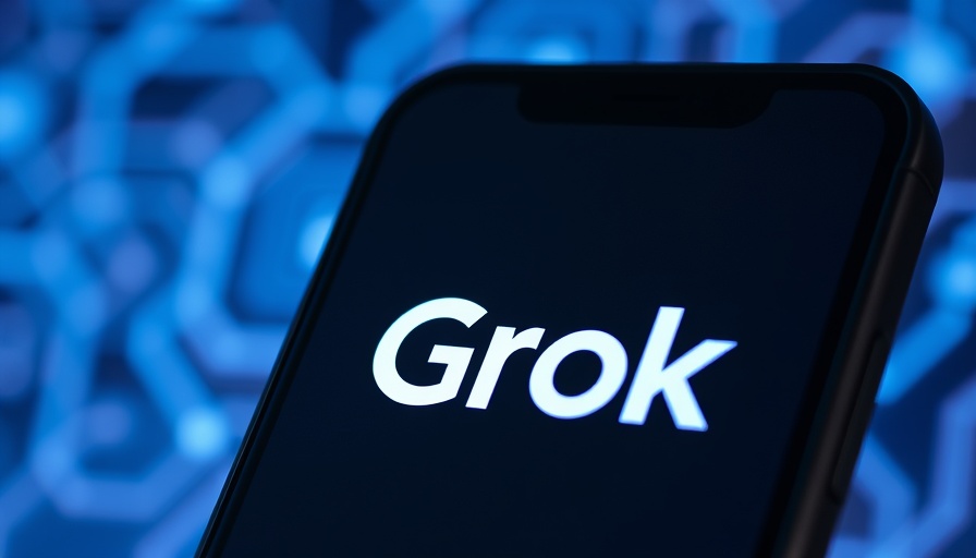 Close-up smartphone with Grok logo, futuristic AI background.