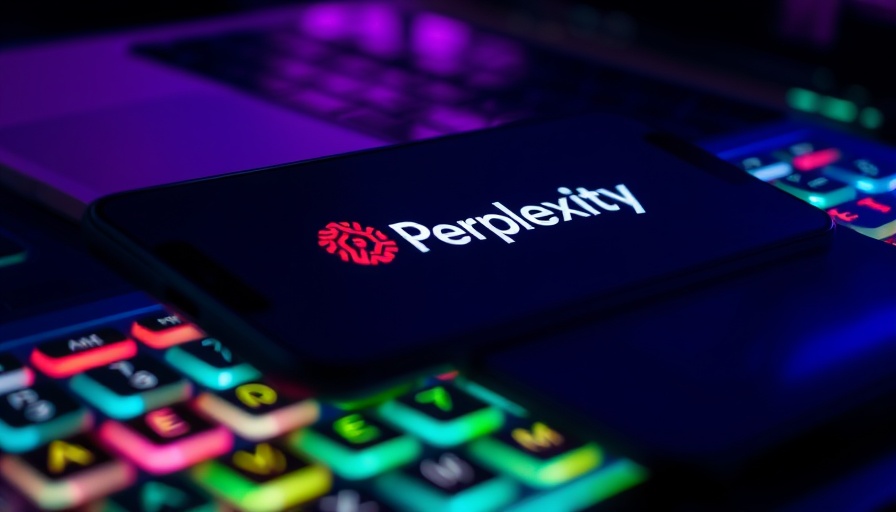 Perplexity AI logo displayed on a smartphone with keyboard backdrop.