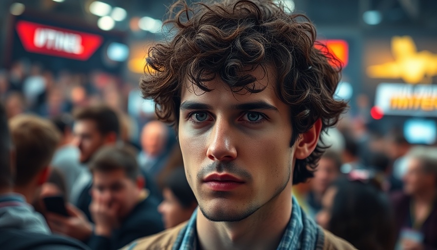 Curly-haired man at event, vibrant lighting, open AI.