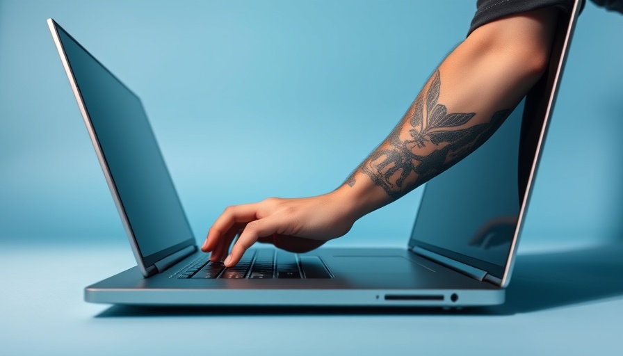 Tattooed individual using a sleek laptop, minimalist setting, copilot ai.