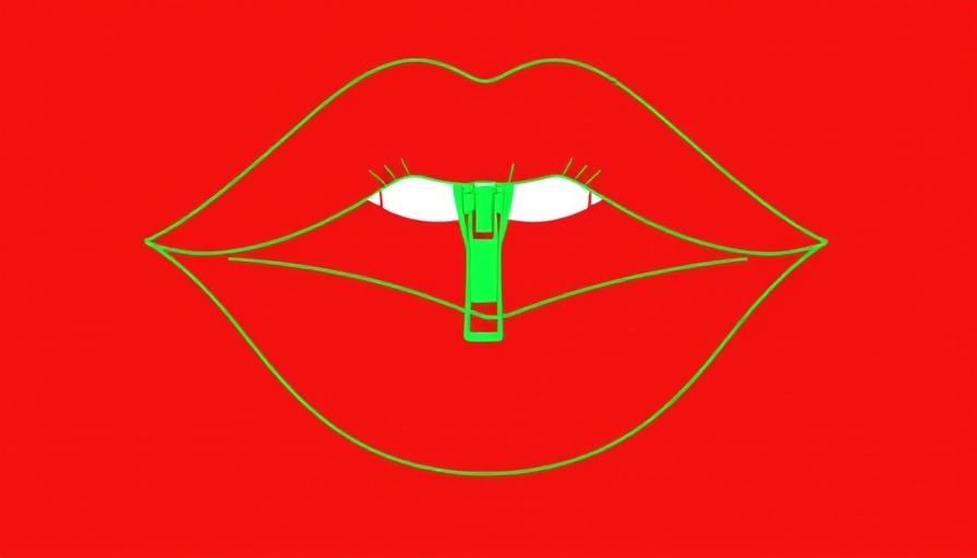 Minimalist green lips with zipper on red background, Microsoft AI concept.