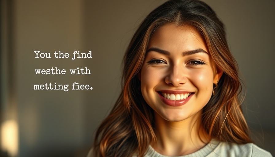 Young woman with glowing eye smiling, motivational text overlay, Claude AI inspiration.