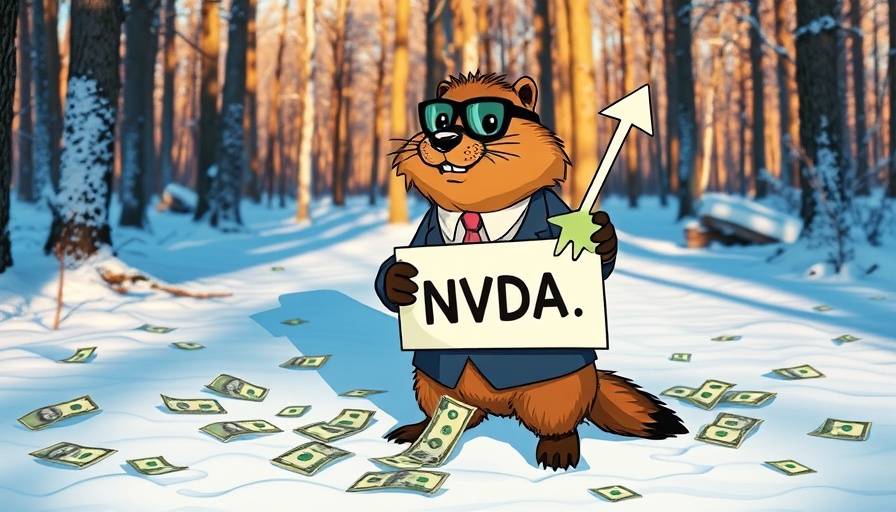 Cartoon groundhog with NVDA sign and dollar bills in snowy forest.