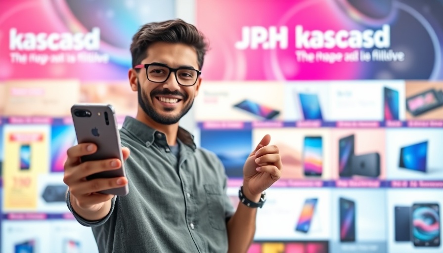 Man presenting smartphone and tablet in a tech promo.