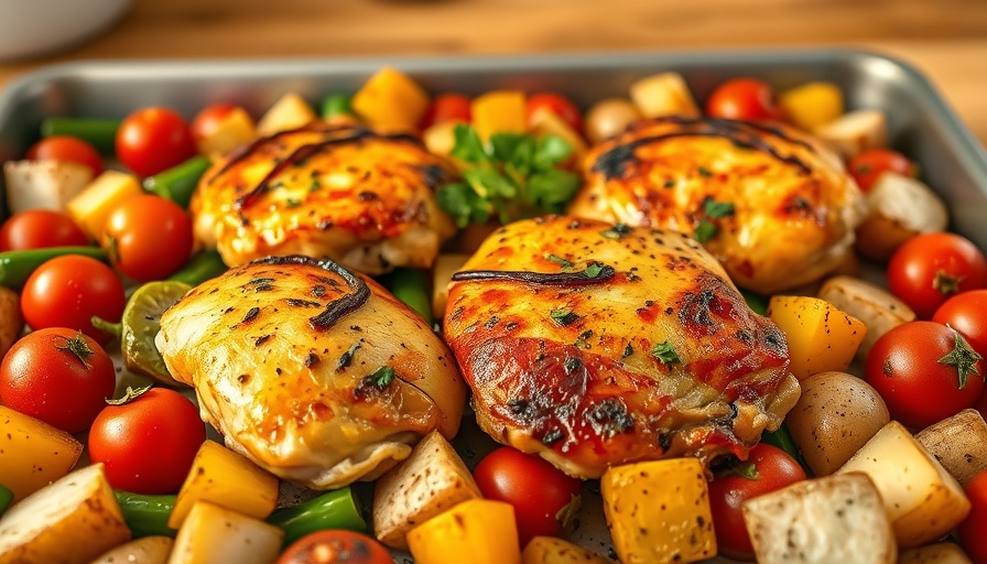 Greek sheet pan chicken with colorful vegetables and herbs, vibrant and appetizing.