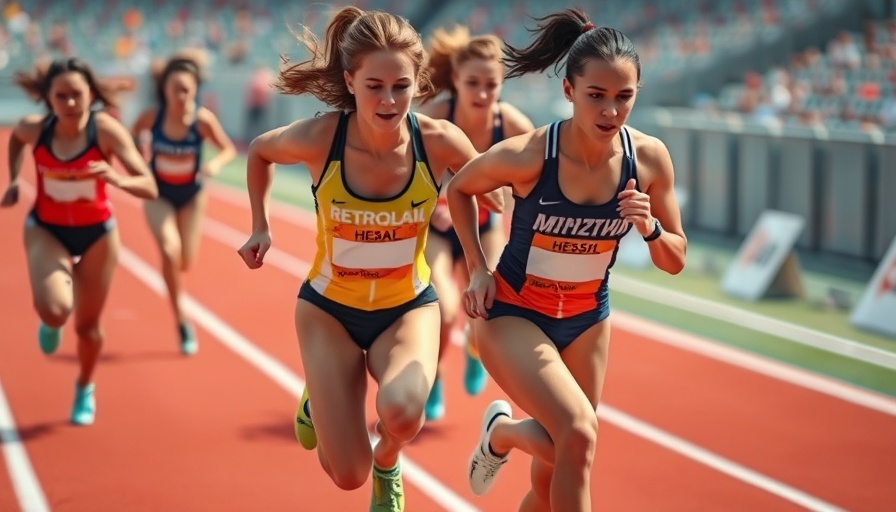 Two female athletes passing baton during relay race.