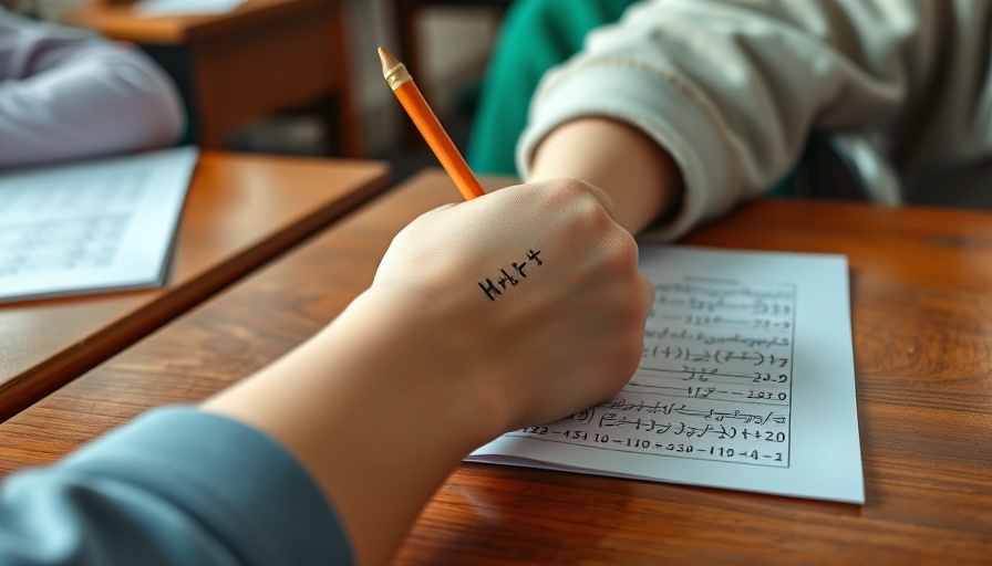 Student's hand with math notes on arm taking exam, depicting data contamination risk.