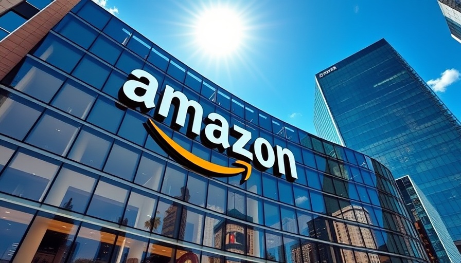 Amazon logo on modern building, representing AI expansion efforts.
