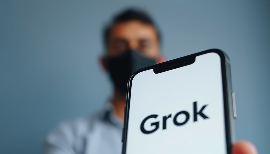Smartphone displaying Grok logo in front of a blurred figure background.