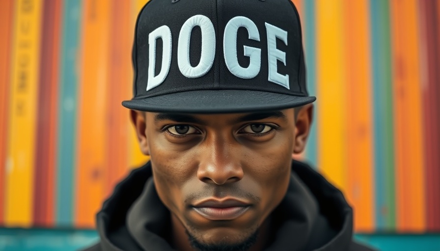 Close-up of person in 'DOGE' hat, colorful background, serious expression.