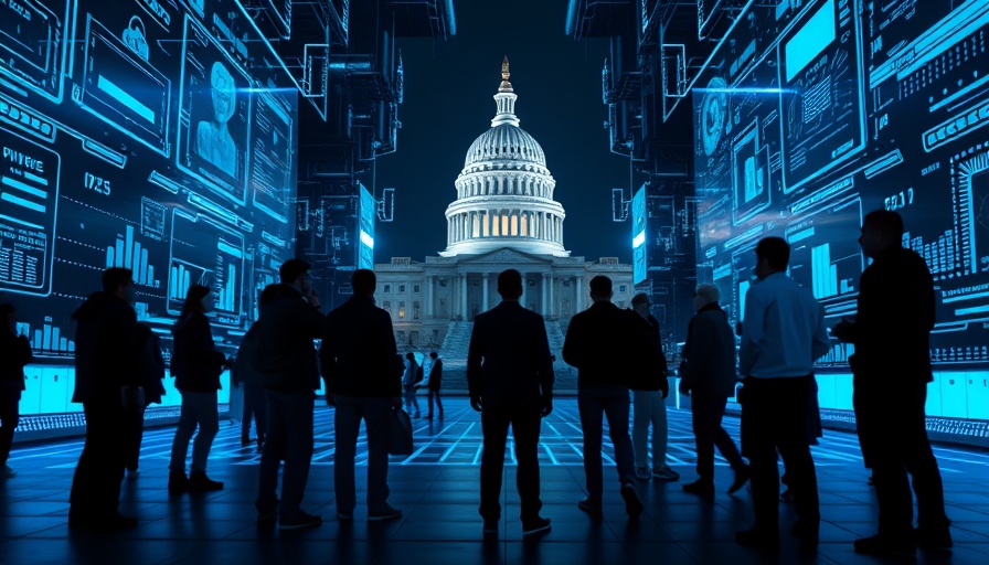 AI regulation advocacy depicted in a futuristic digital scene with Capitol building.
