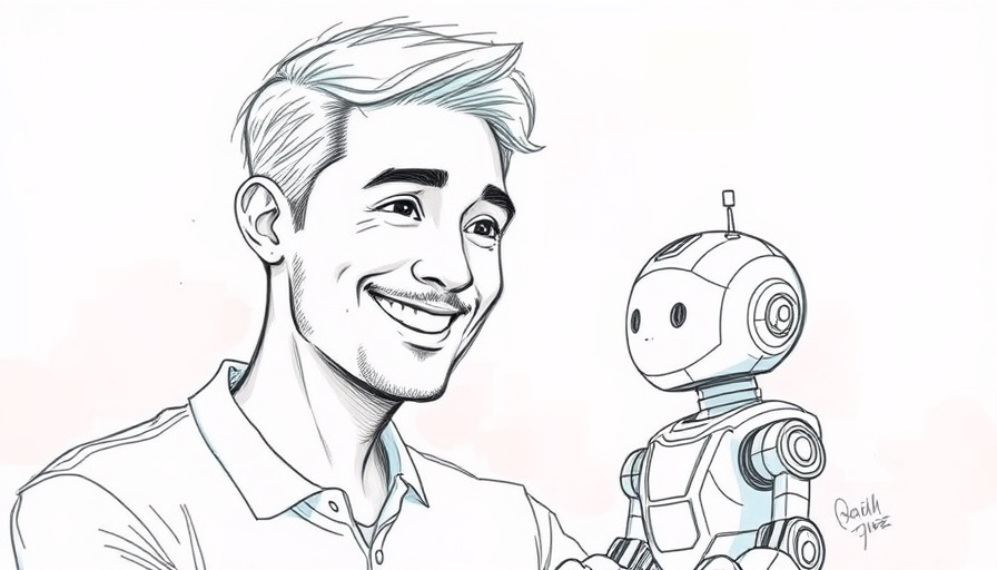 Sketch of man and robot interacting, Elon Musk Grok 3 theme.