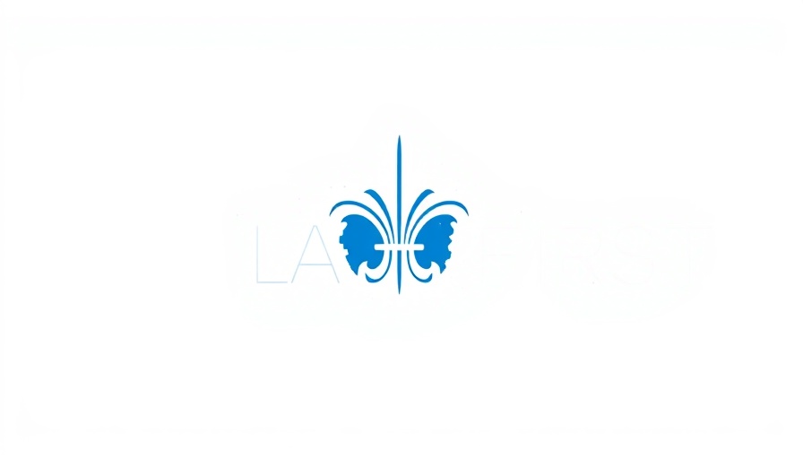 Blue fleur-de-lis 'LA FIRST' logo, deep reasoning ai theme