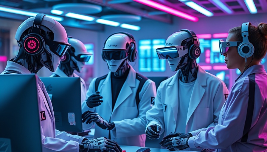 AI agents and humans collaborating in a futuristic lab.
