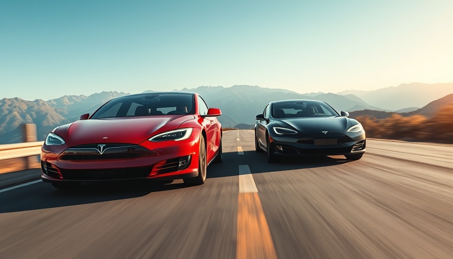 Sleek red and black Teslas driving on mountain road. Tesla Grok AI
