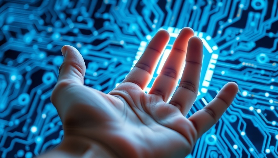 DeepSeek technology depicted with a hand touching a neural chip.