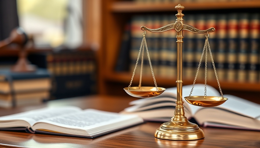 Golden scales on desk symbolizing legal proceedings and justice.