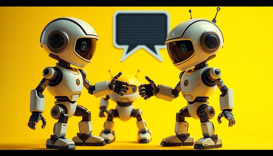 Futuristic robots with speech bubble on yellow background, perplexity ai.