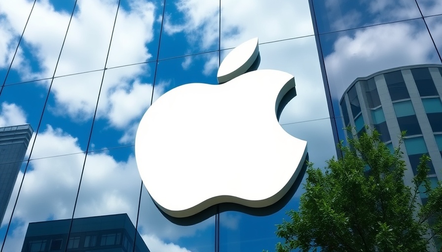 Apple logo on blue glass building reflecting sky, related to perplexity AI.